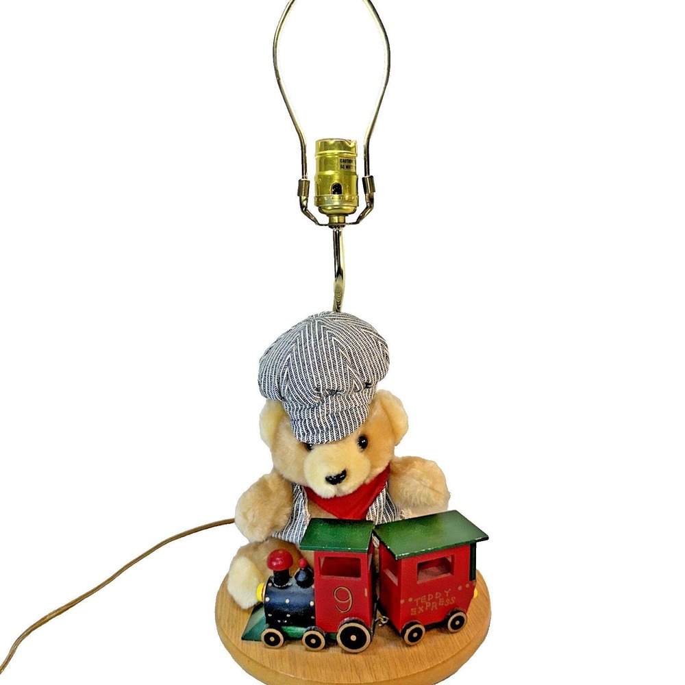 Vintage ADI Teddy Bear Train Conductor Nursery Lamp Plush Wood Base Tested
